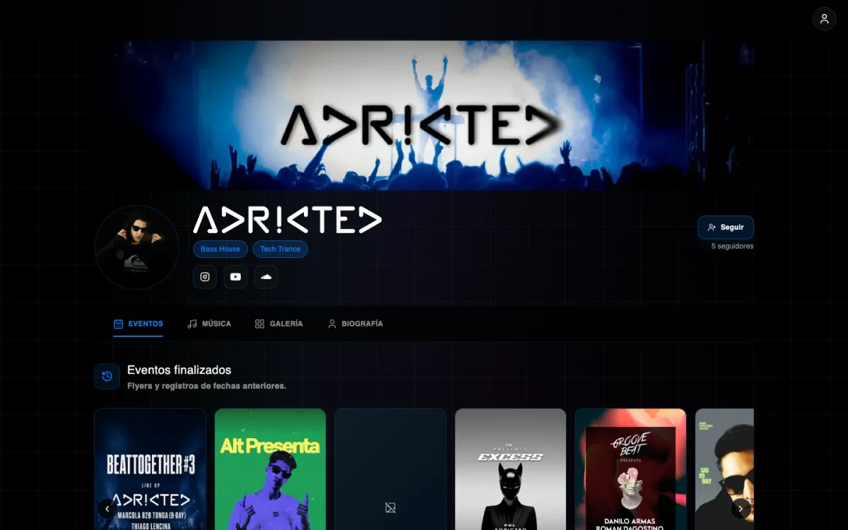 Live artist profile on adricted.com
